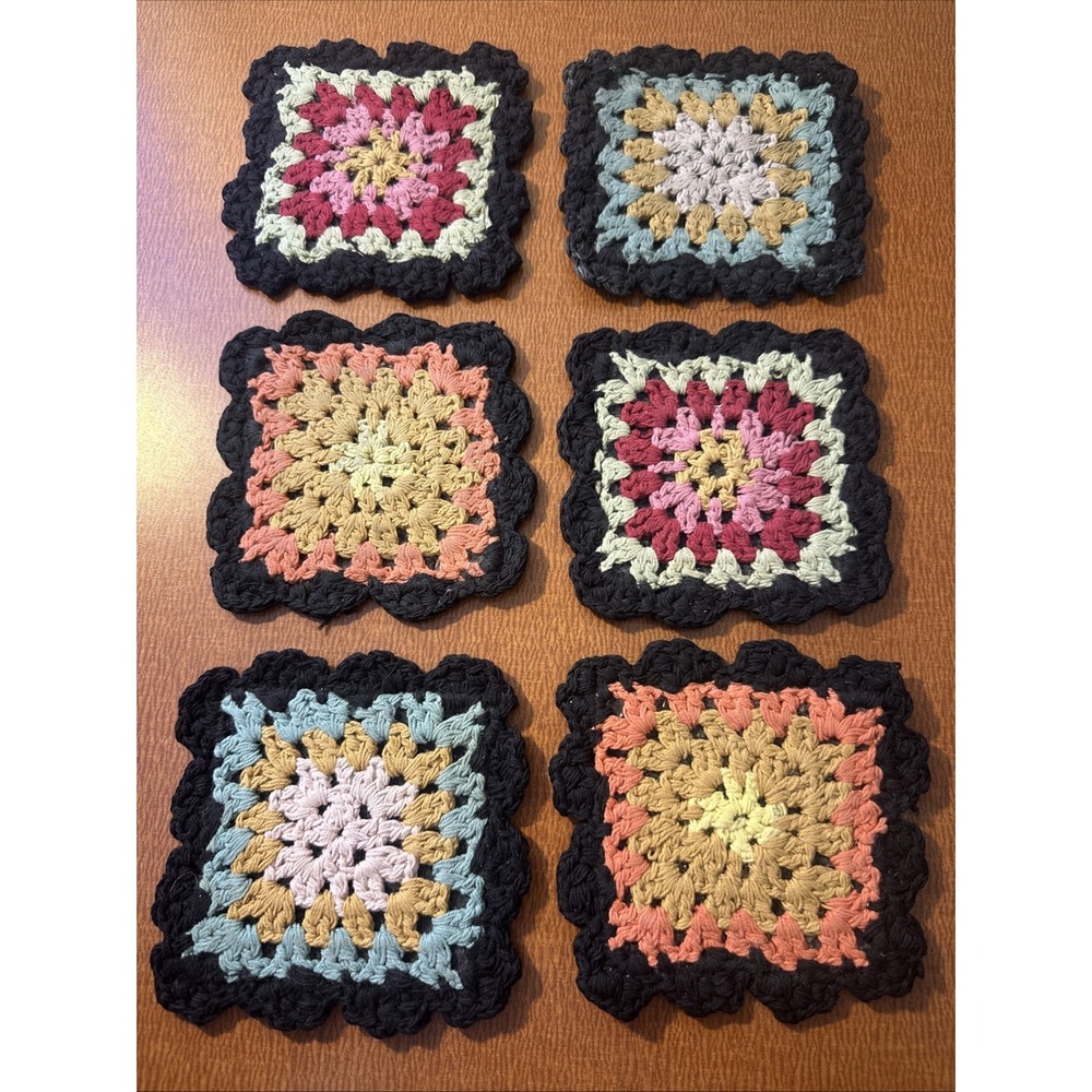 Vtg Set Of 6 Granny‎ Square Coasters Handmade